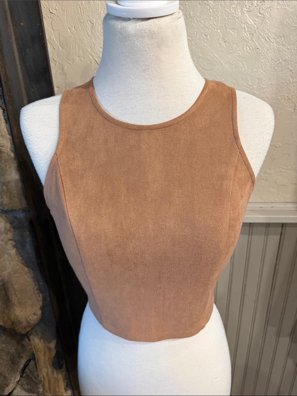 Soprano Suede-Look Sleeveless Crop Top in Camel Brown